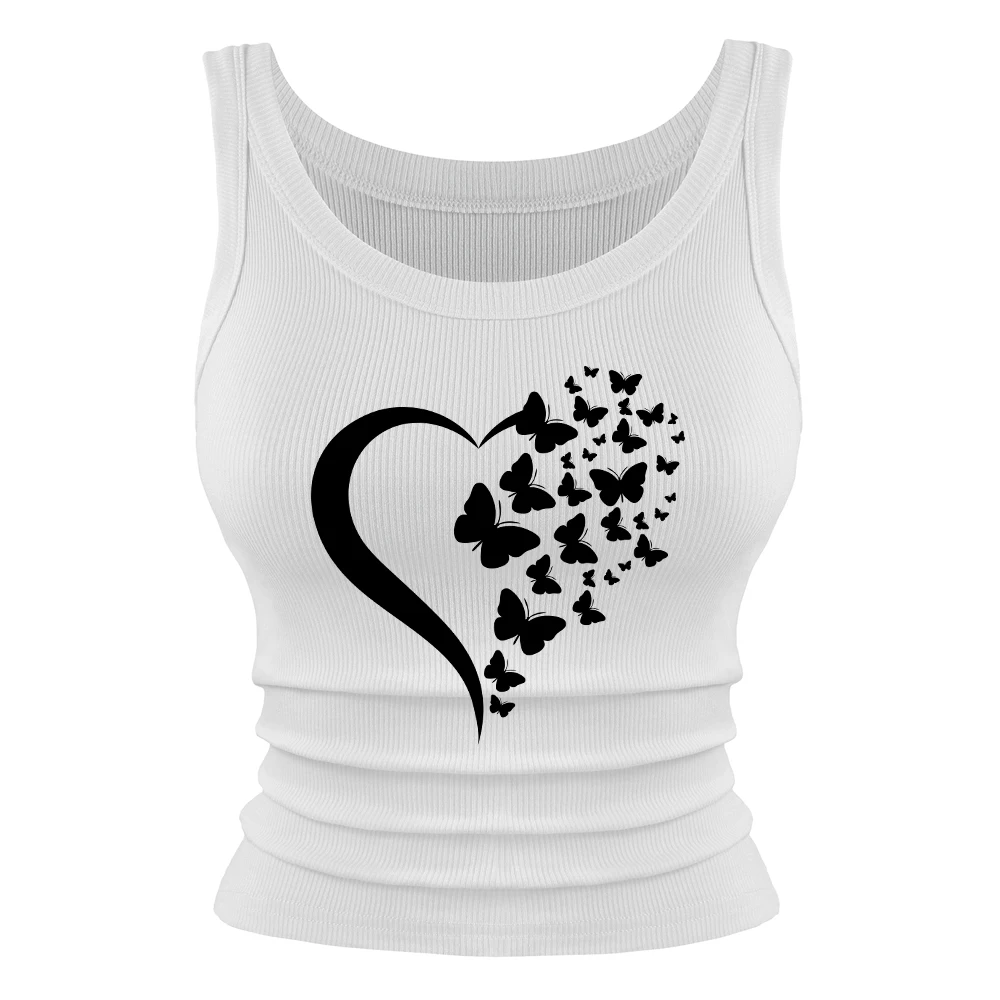 Damen-Tanktops mit Schmetterlings-Herz-Aufdruck, Sommer, schmale Passform, lässig, weich, O-Ausschnitt, ärmellose Weste, Basic-Tank-Shirts aus elastischer Baumwolle