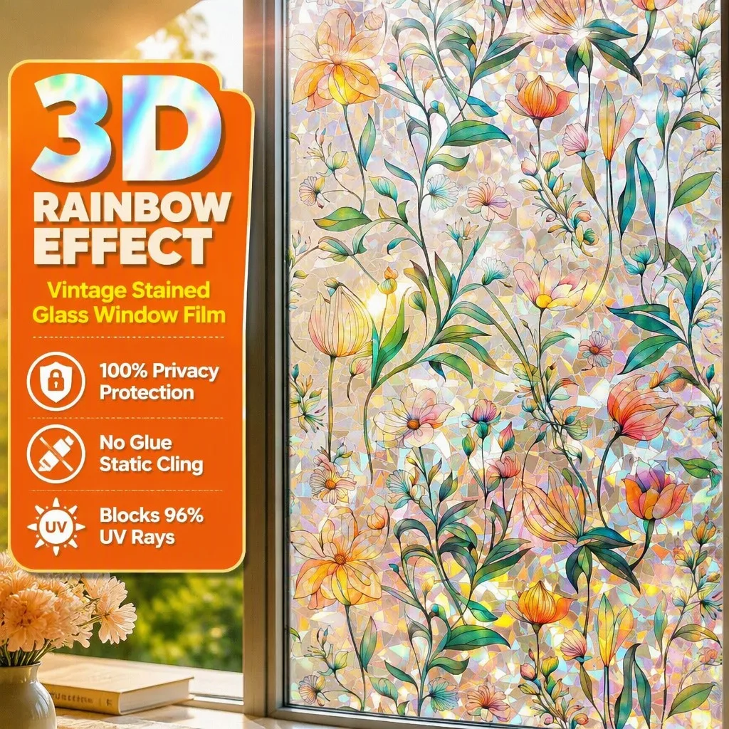 3D Rainbow Stained Glass Window Film Roll Floral Pattern Privacy Static Cling No Glue UV Block for Bathroom Home Decor