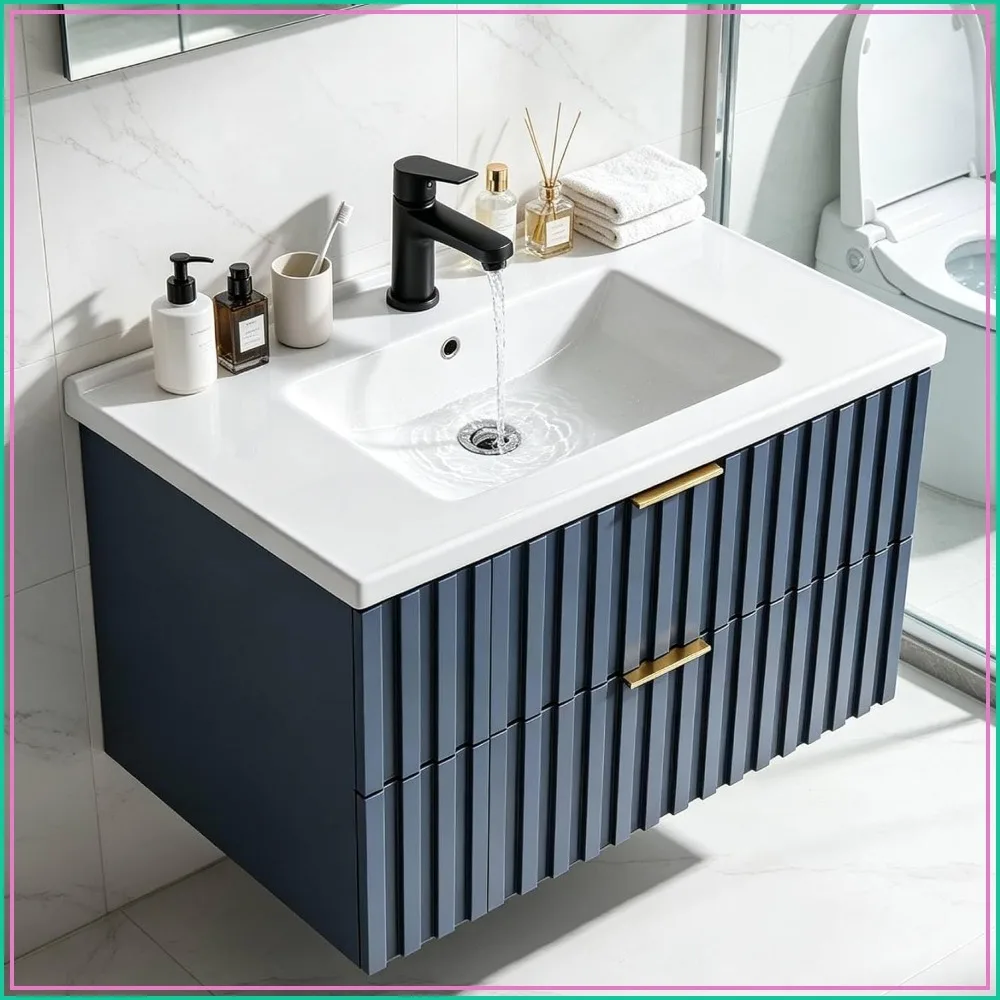 30 Inch Floating Bathroom Vanity with Ceramic Sink, Blue