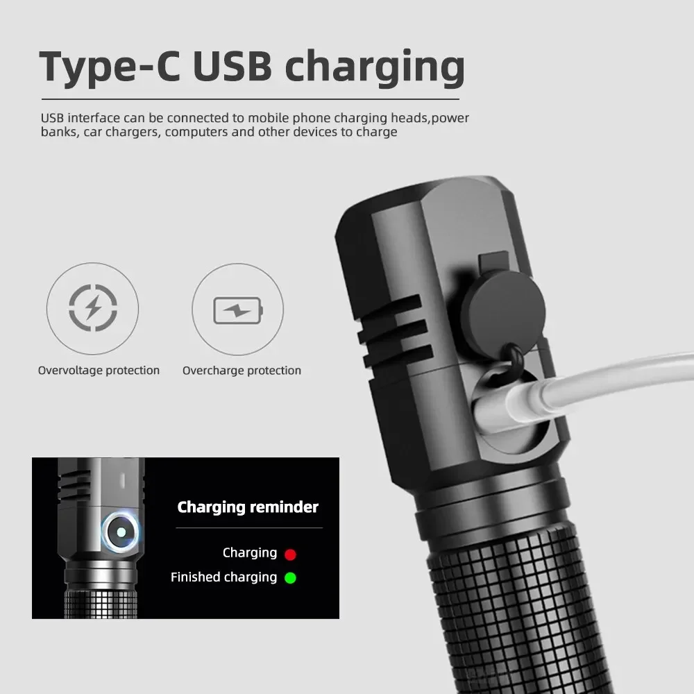 MINI Multifunctional Strong Light LED Flashlight Type-C Charging Zoom Long Range Waterproof Outdoor Emergency Lighting Spotlight