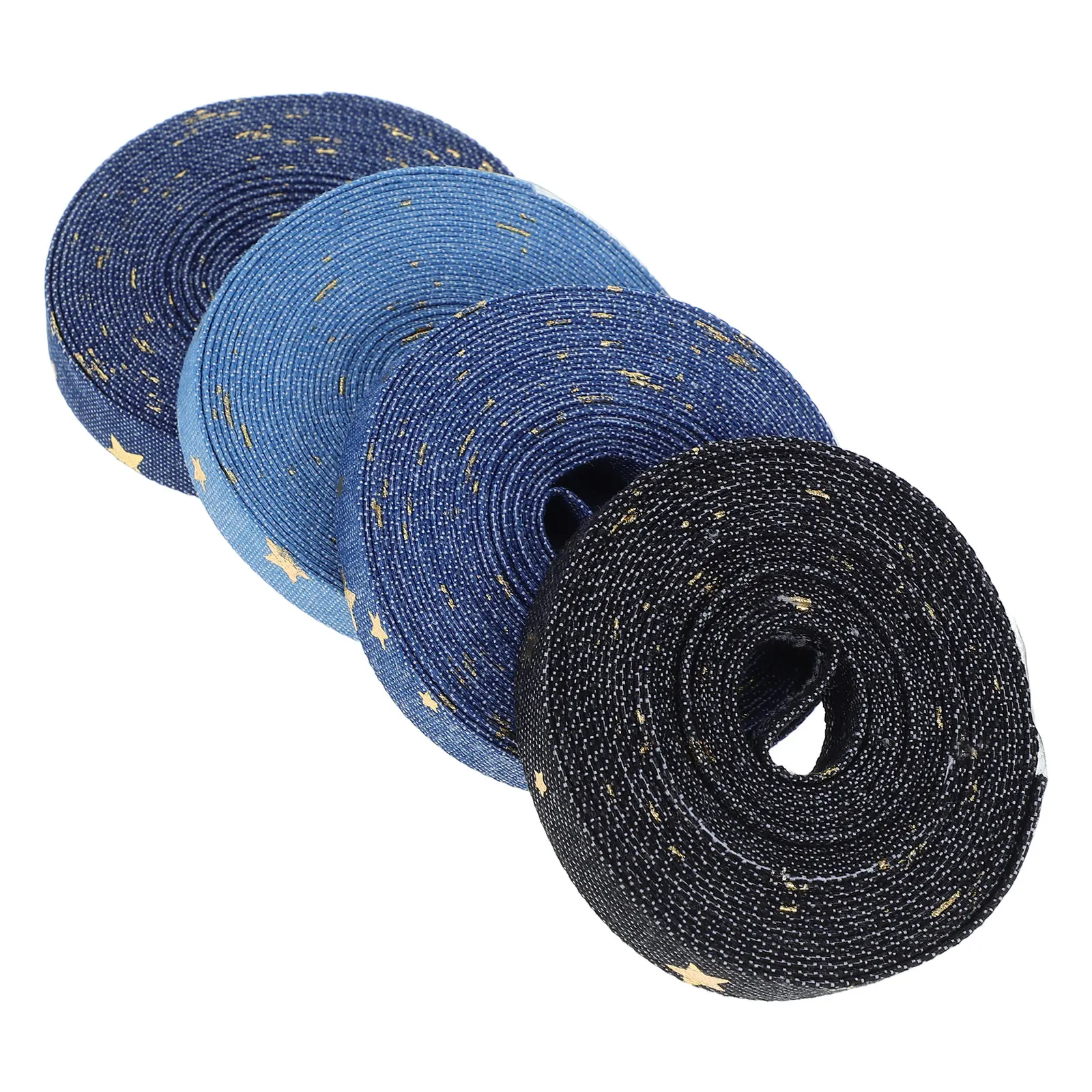 

4 Rolls Denim Webbing Ribbon Glitter Star Embroidered Gold Holiday Handmade Ribbons Metal for Crafting