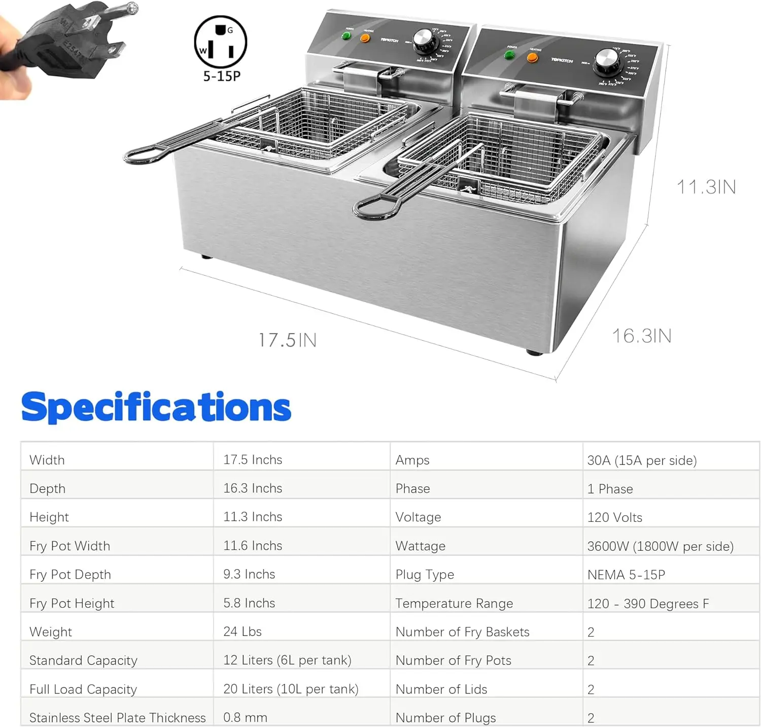 Friteuse commerciale en acier inoxydable pour touristes, précieux avec 2 paniers, capacité de 10l x 2, friteuse à dessus de seau électrique pour restaurant