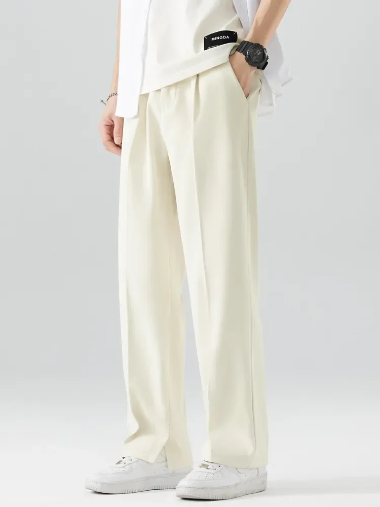 2024 New Korean Casual Pants Men's Breathable Soft Fashion Pendant Split Elastic Waist Slacks Straight Baggy Suit Trousers White