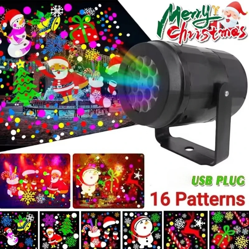 New USB Powered 16 Patterns Christmas Snowflake Scene Projector LED Light for Home Yard Wall Indoor Outdoor Holiday Decoration