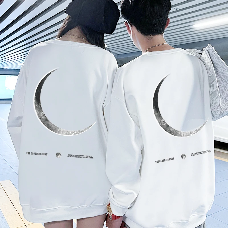 2023 New Moon Print Round Neck Men Women Hoodies Sweatshirt 500g Cotton Autumn Winter Pullover Streetwear For Couple Costume