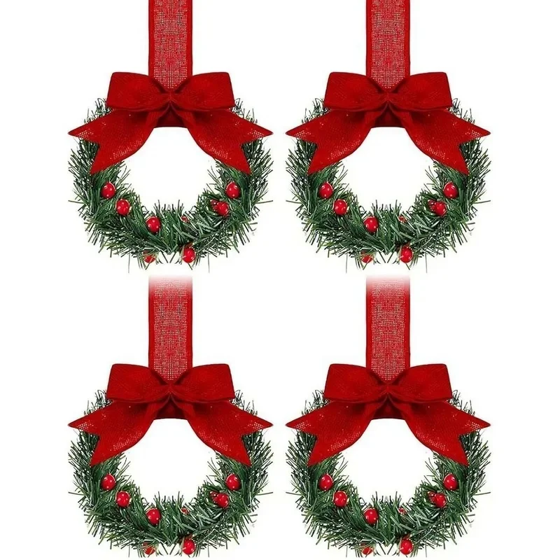 4 Pieces of Christmas Mini Wreaths, Window Decorations, Ribbon Bows, Red Fruits, Christmas Party Home Decorations