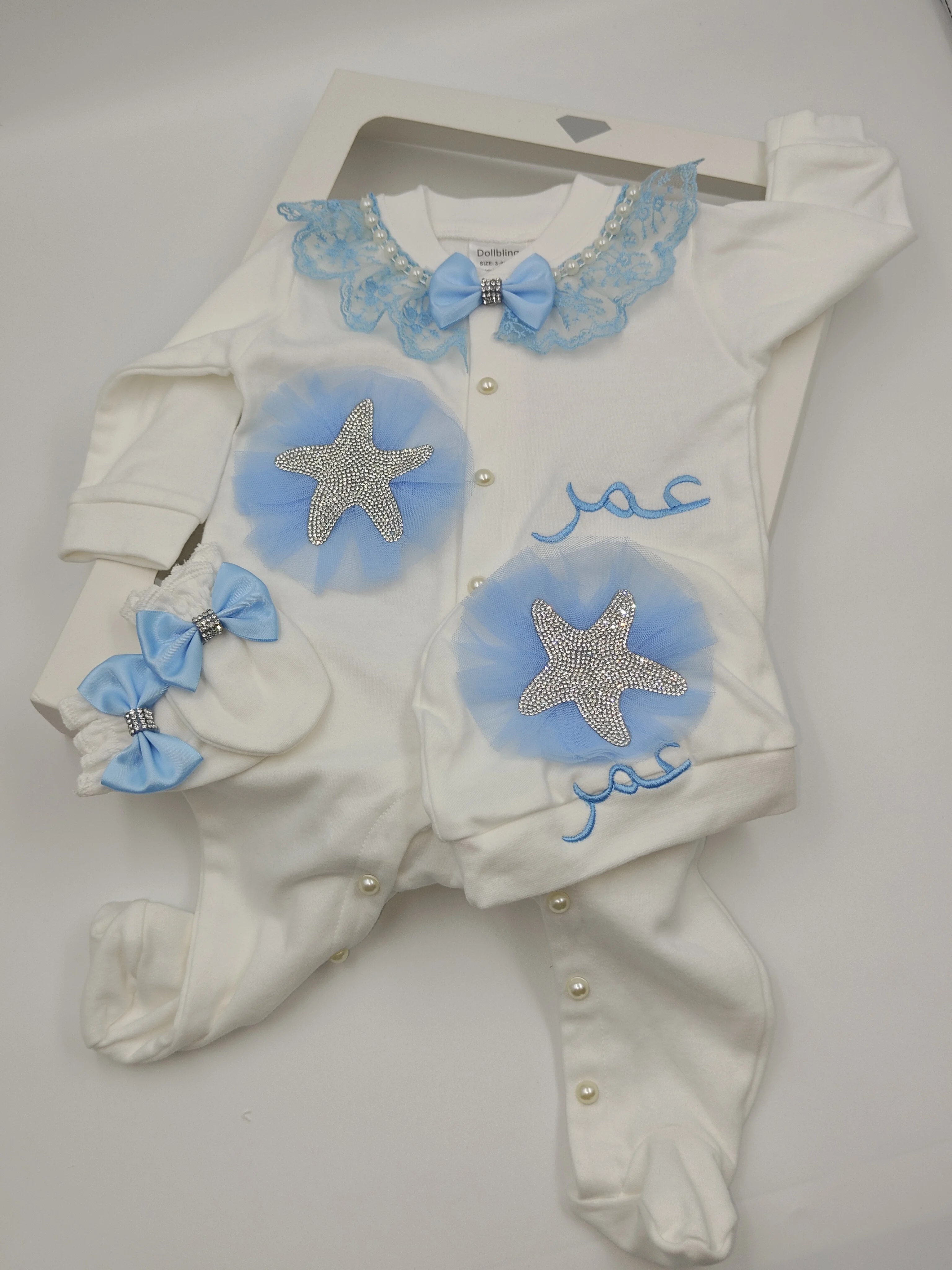 

Newborn Baby Footed Jumpsuit Starfish Embroidery Cute Cotton Soft Breathable 0-12M Crawling Outfit With Matching Hat & Gloves