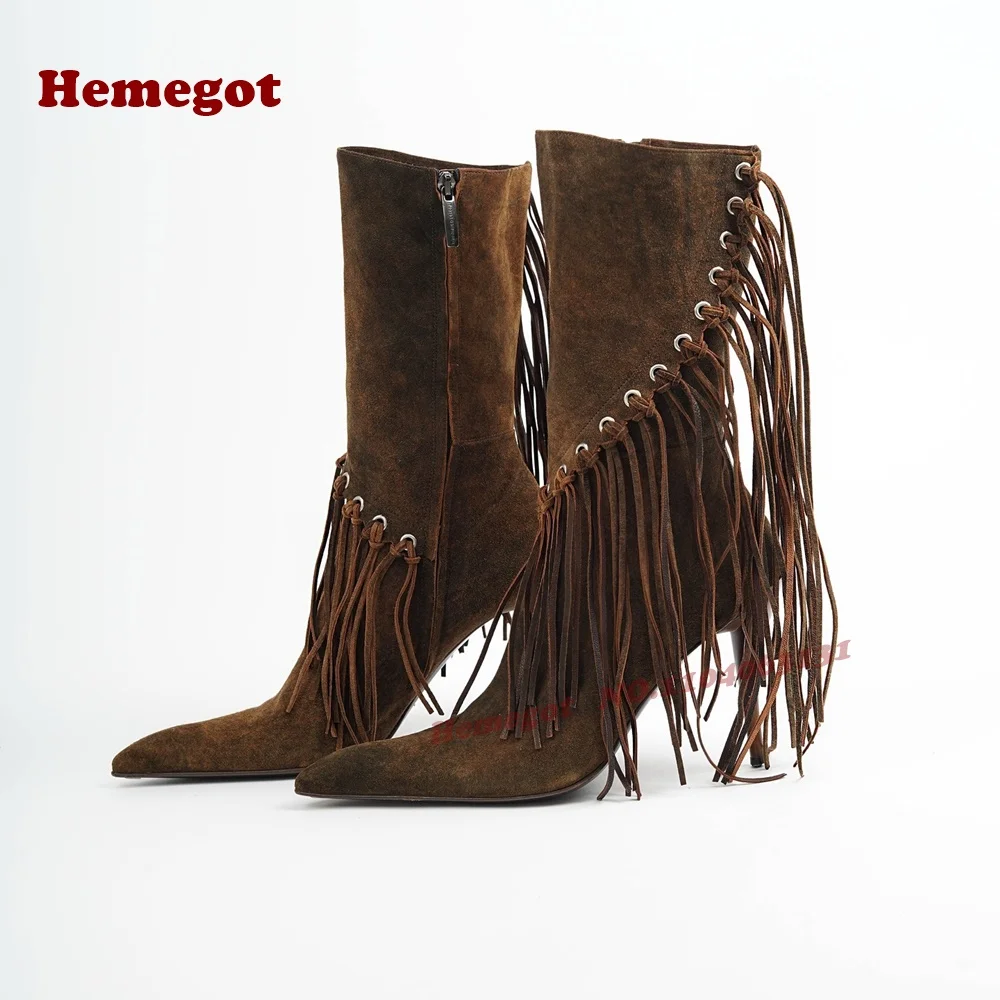 

Dark Brown Suede Tassel Boots Soft Velvet Fringe Metal Eyelets Pointy Toe Women's Ankle Boots Stiletto Heels Roman Shoes