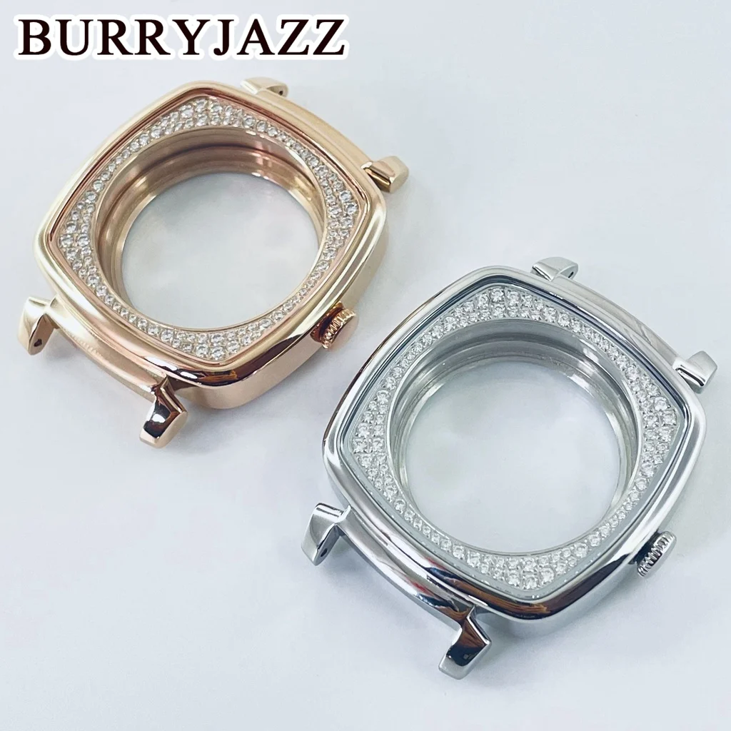 BURRYJAZZ 실버 로즈골드 NH35 케이스, S7239M 기계식 시계, NH38 크로노그래프 시계, NH36 수정 다이아몬드 스터드 PP 케이스, 37.5mm