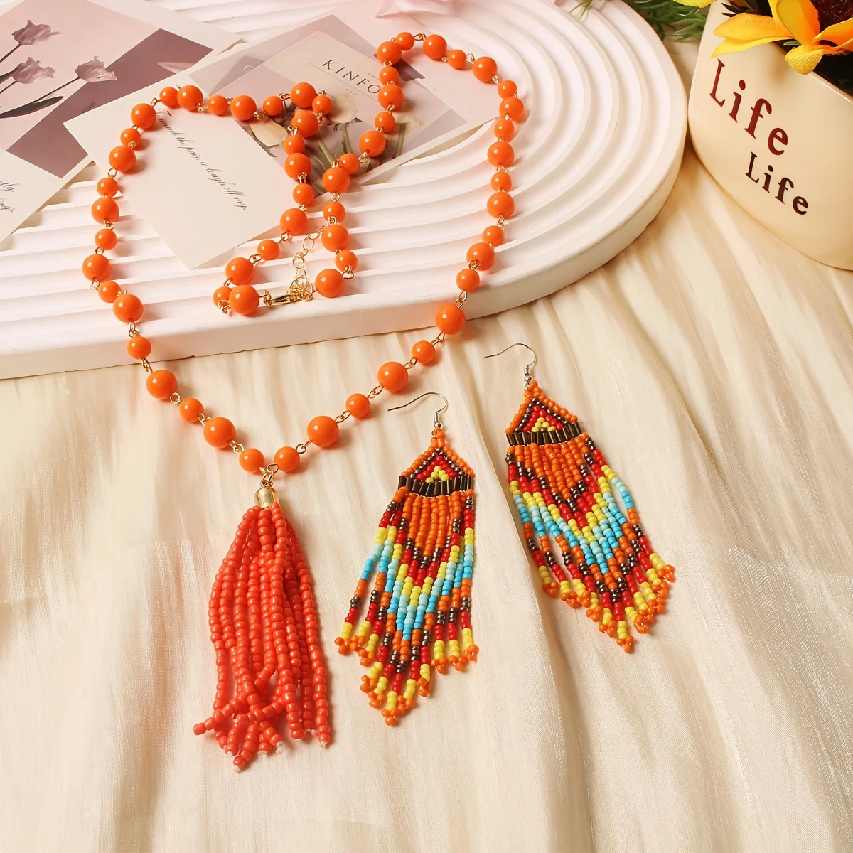 Nueva joyería Boheme, cuentas de cristal hechas a mano, colgante, suéter, cadena, collar, pendientes, conjunto de regalos para fiesta nupcial y boda