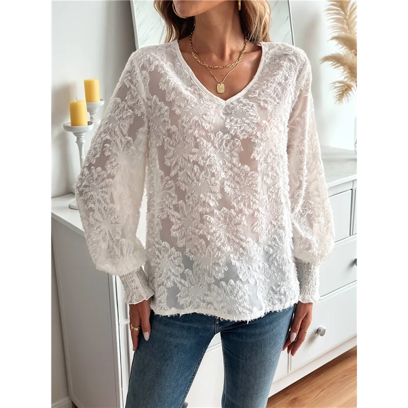 

Women's Long Sleeve Shirts Lantern Sleeve V Neck Casual Loose Chiffon Blouses Tops