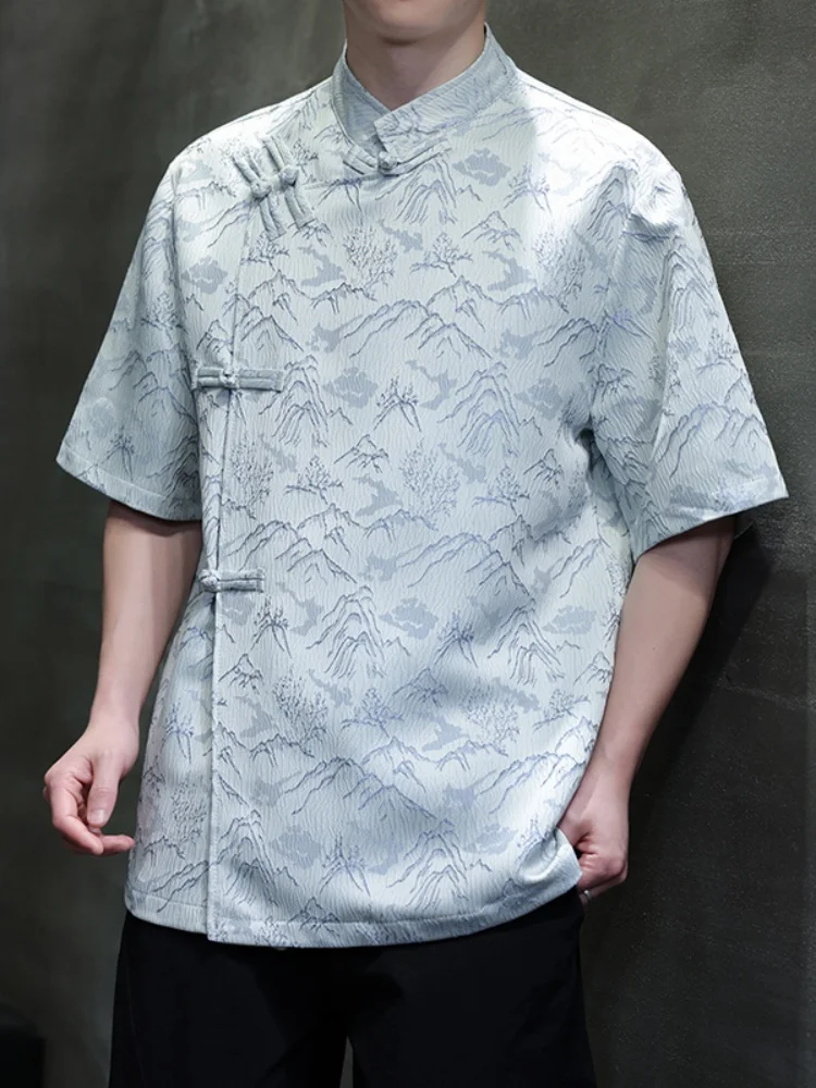 

New Chinese Style Short Sleeve Embroidered Shirt Men's Summer Loose Top Thin Breathable Youth Fashion Printed T-Shirt