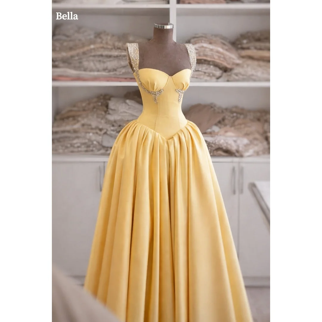 

Bella Customized Yellow Strapless Prom Dress Satin Corset Bodice Beaded Shoulder Straps Voluminous Ball Gown Skirt Floor Length