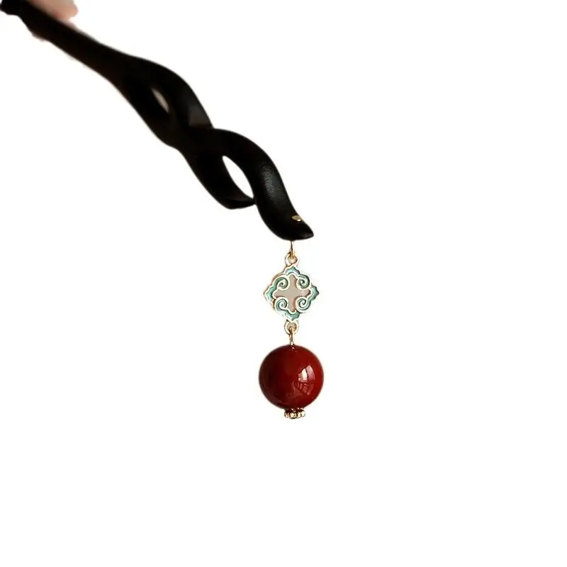 Sandalwood Hairpin with Crimson Bead Elegant Chinese Style Updo Hair Stick for Women Minimalist Hanfu Hair Accessory Daily Use