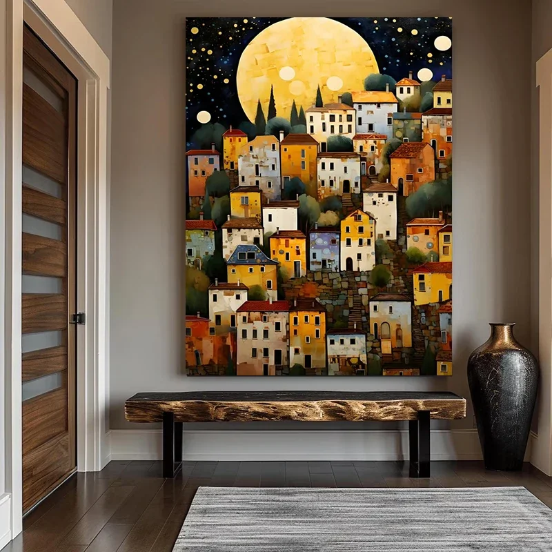 Multiple sizes 1pc frameless Canvas Painting,Full Moonlight Colorful Nightscape City Buildings Poster and Prints Canvas Painting