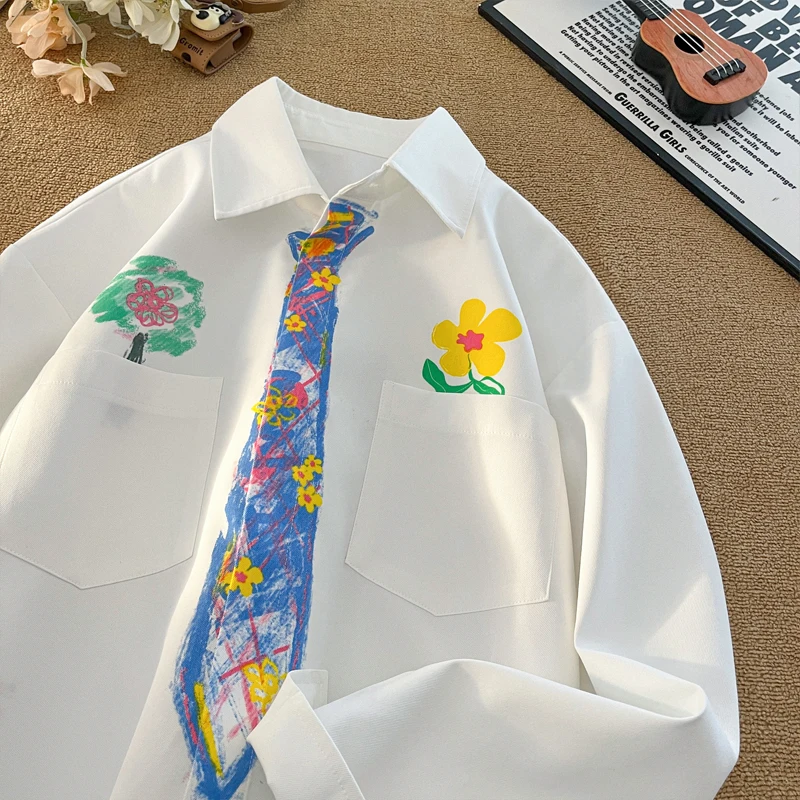 Chic Cartoon Painted Print Long Sleeve Shirt for Men Tie Pattern Design Shirt White Shirt Copule Tee Holiday Beach Clothes