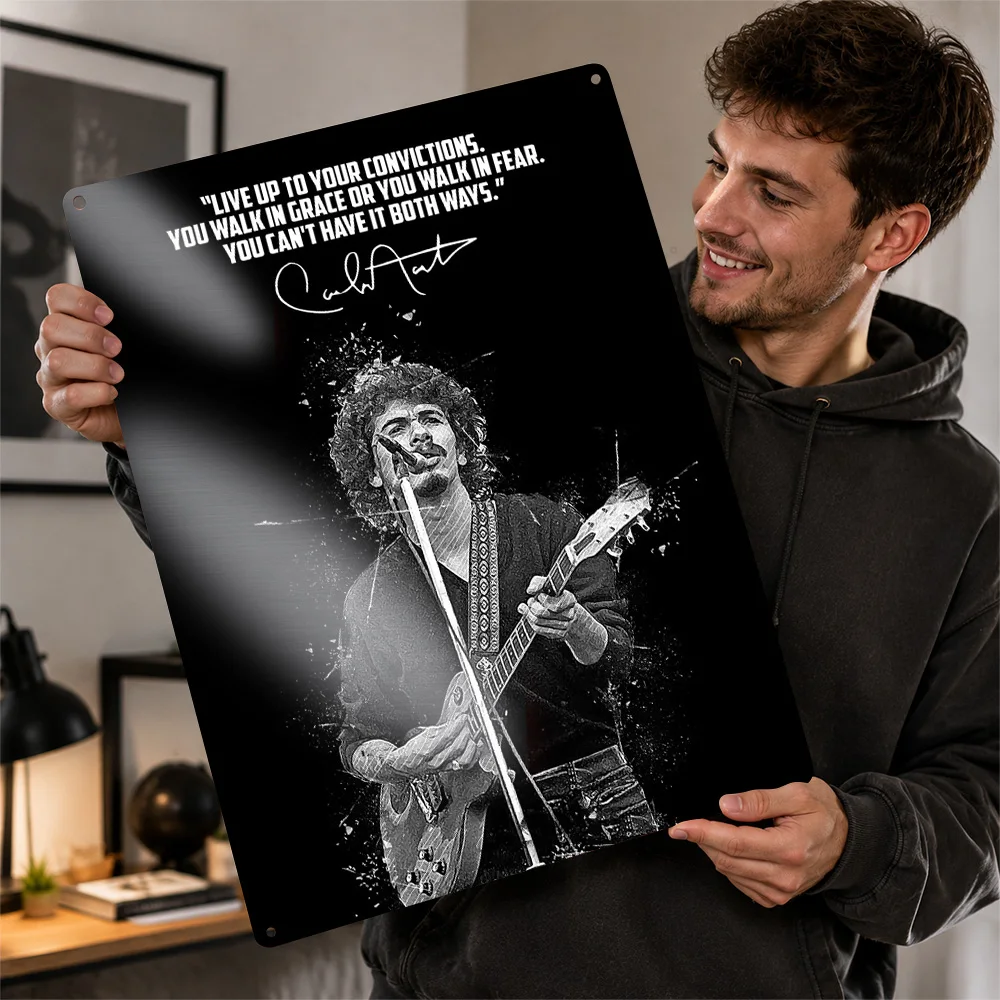 Carlos Santana Guitarist Quote Portrait Textured Metal Poster Monochrome Wall Art For Bedroom Customized Aluminum Sign Fan Gift