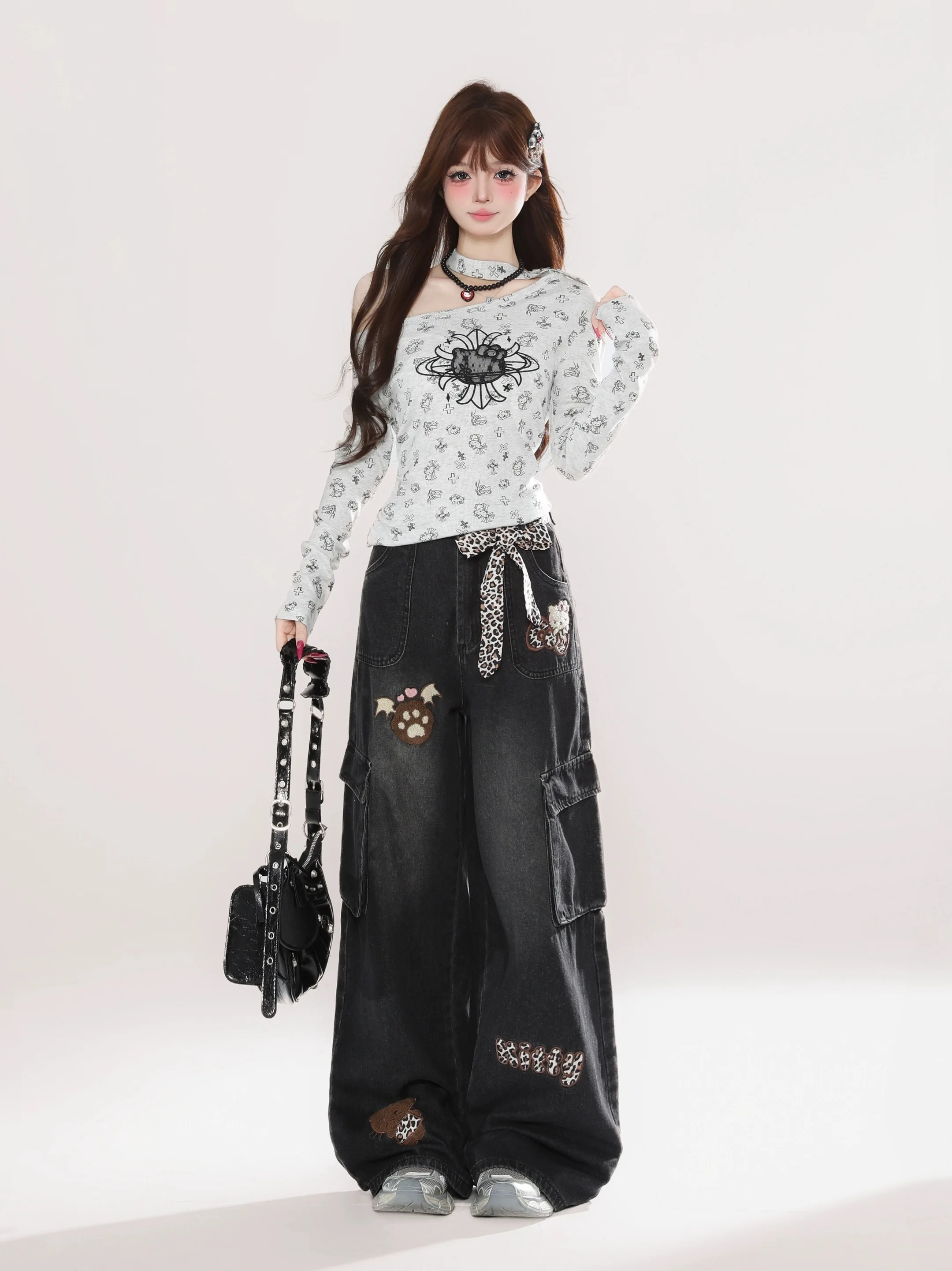 Y2K Leopard Print Cat Patch Jeans Women Retro Embroidered Wide Leg Loose High Street Summer Pants