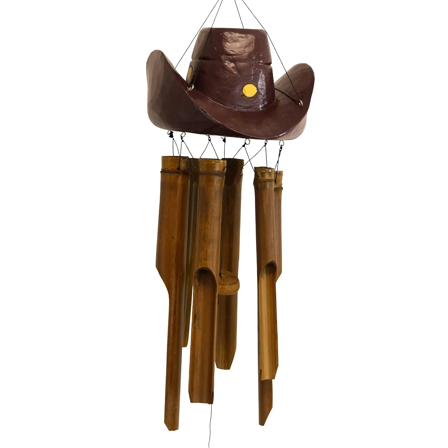 Gift & Garden Bamboo Wind Chime for outside with Cowboy Hat Design, Hand Carved Brown Mahogany Finish - Wooden Wind Chimes