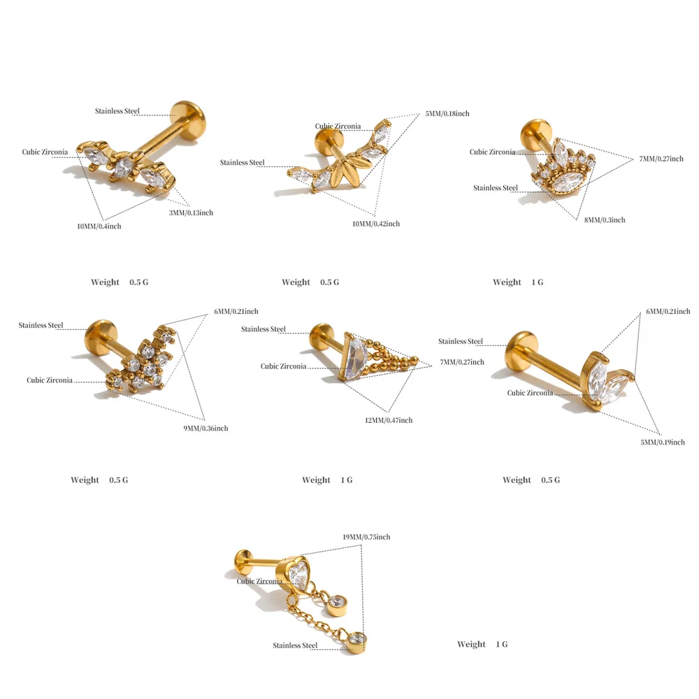 Yhpup 1 Stück 316 Edelstahl Zirkonia Flache Ohrringe 18K PVD-Beschichtung Zarter Trendiger Kleiner Piercing-Schmuck Großhandel – Detail 1