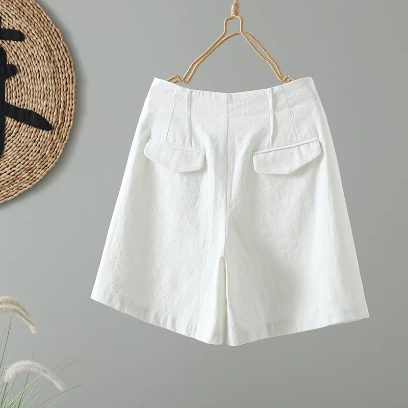 Retro White Cotton Linen Suit Shorts Women Summer Thin High Waist A-Line Wide Leg Mid-Pants Casual Pants High Waist Shorts