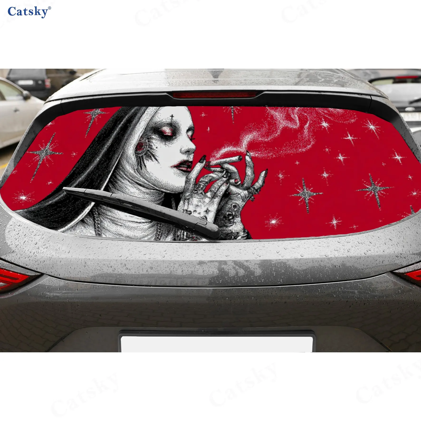 

Rebel Nun Punk Artistic Voyage PVC Perforated Car Vinyl Wraps, Durable Car Rear Windshield Sticker, Waterproof Car Rear Window D