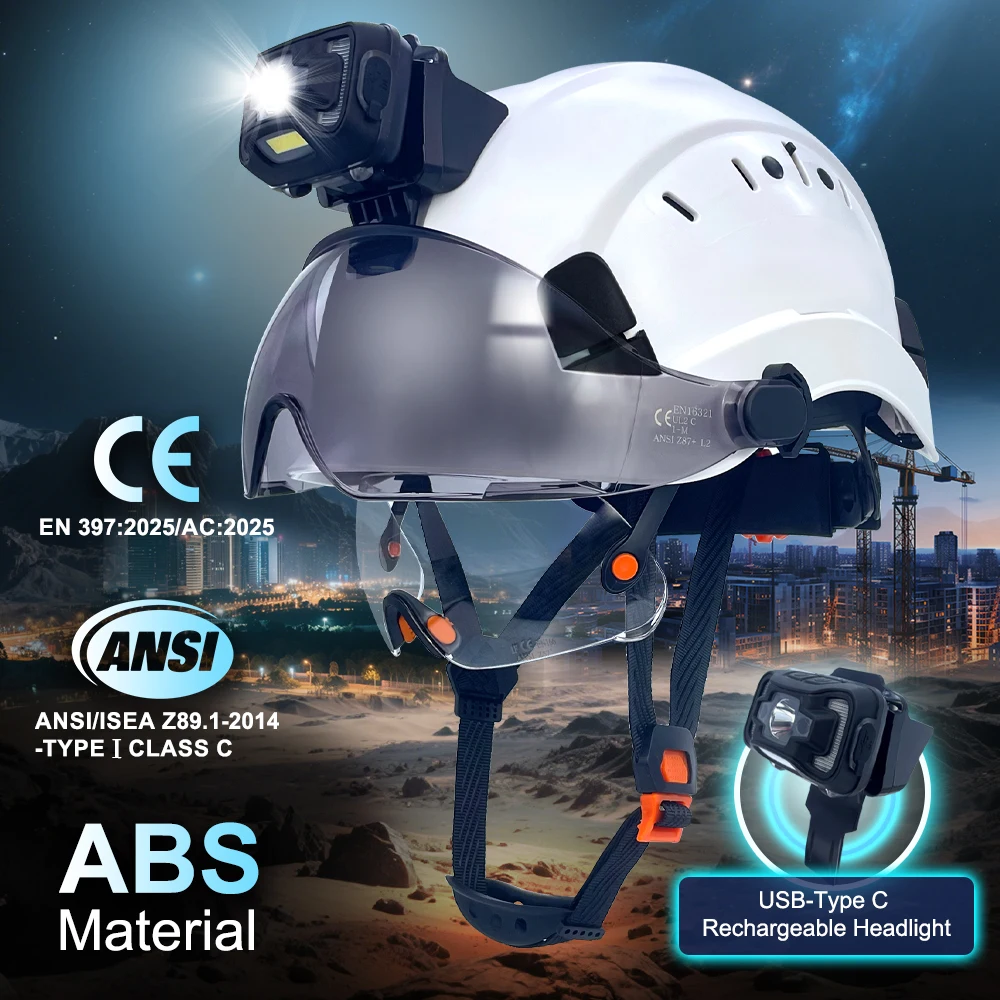 Safety Helmet with 2 Visor Build In Headlight CE EN397 Safety Hard Hats with Rechargeable Headlamp for Men Work Industrial