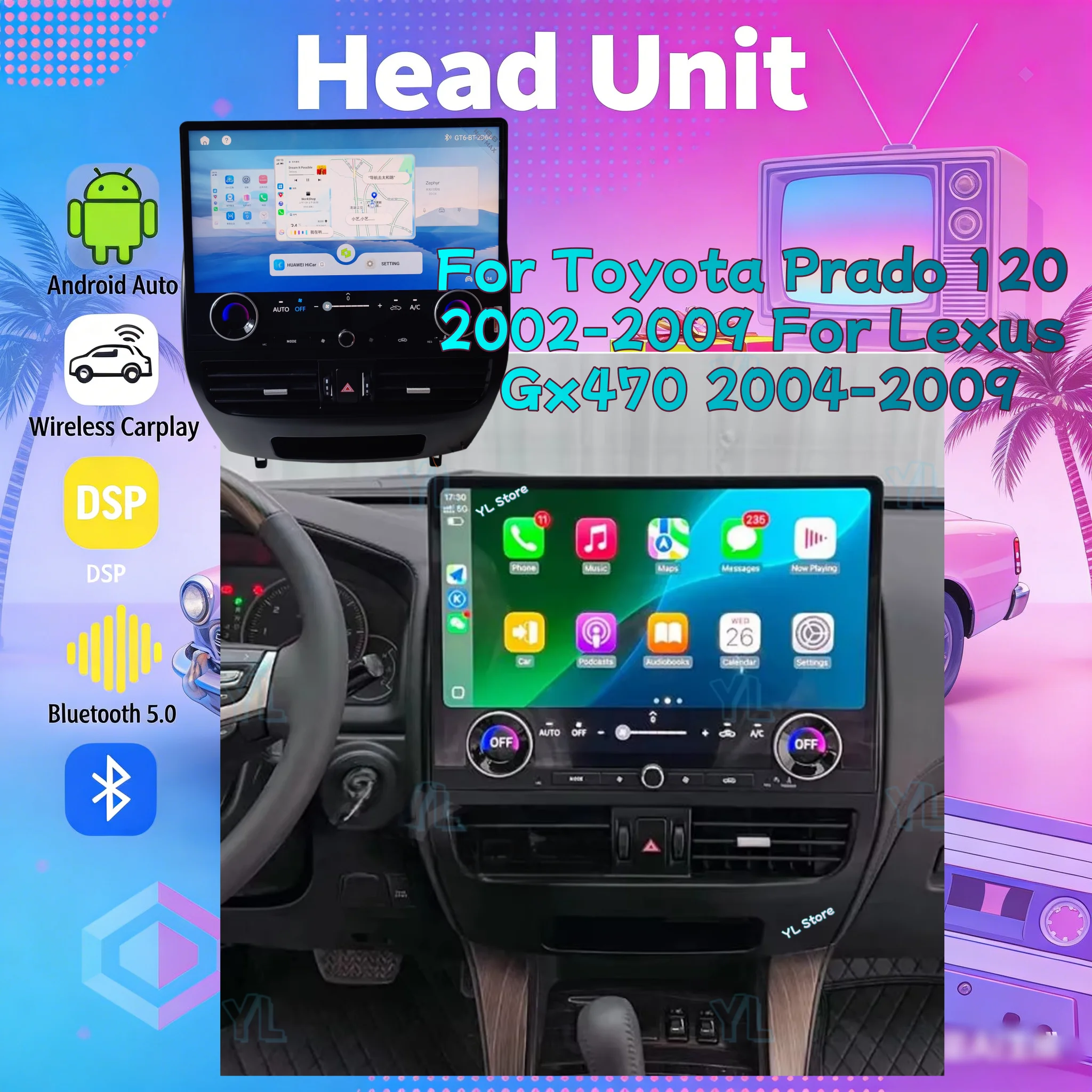 

16,8-дюймовая автомобильная магнитола с Android Auto для Toyota Land Cruiser Prado 120 2002-2009, для GX470 2004-2009, GPS-мультимедийная стереосистема