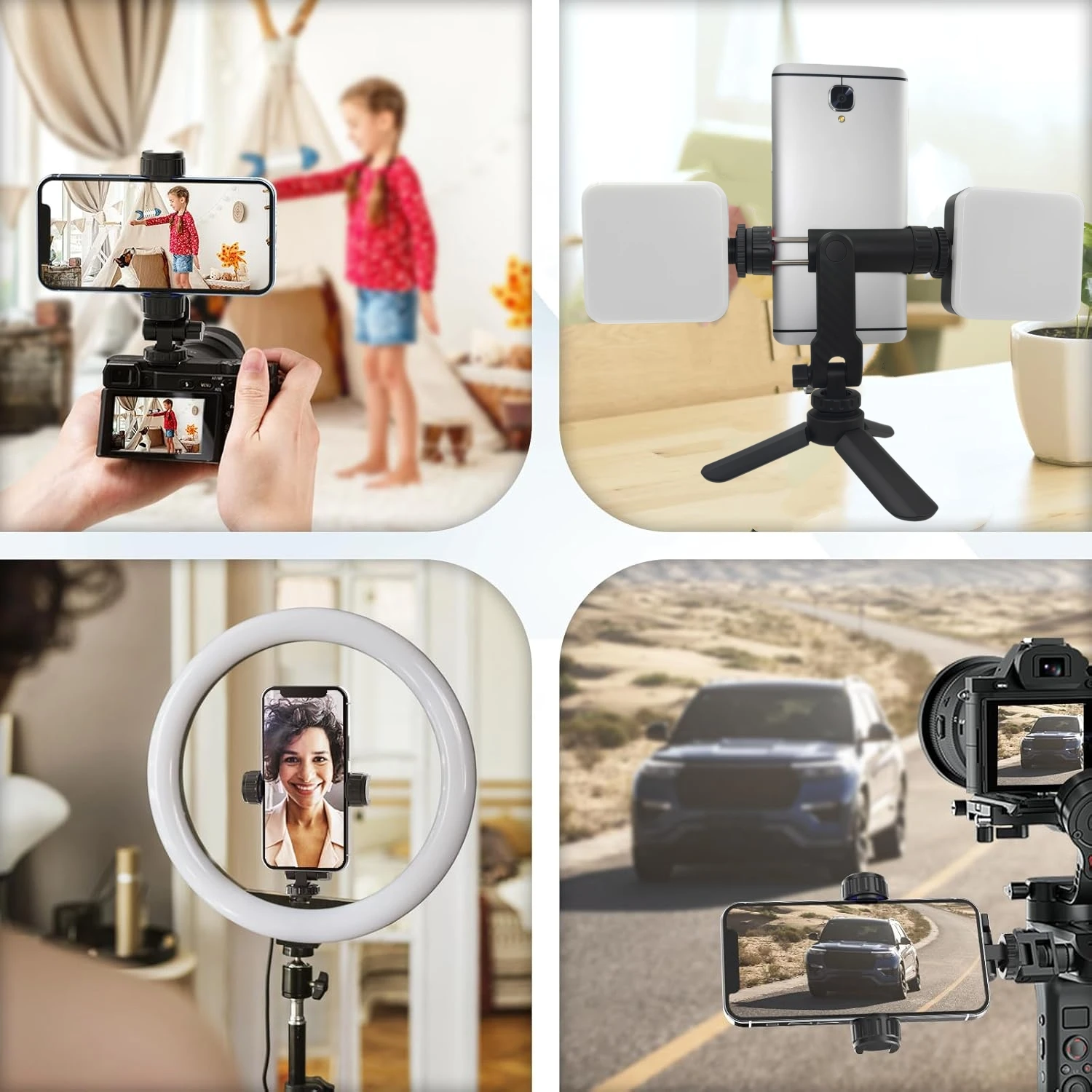 360° Universal Tripod Mount Mobile Phone Clip Holder for iPhone Xiaomi 1/4" Screw With 2 Cold Shoe Mount Adapter