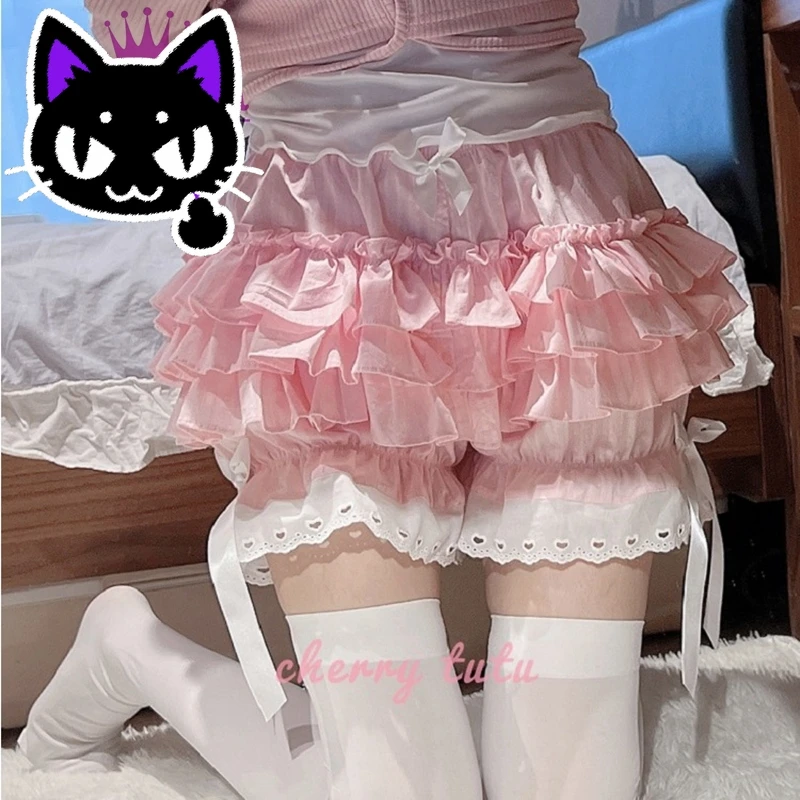 2025 misa hot sale Harajuku Sweet Pink Women Lace Ruffles Bloomers Shorts Victorian Pumpkin Pants Lolita Kawaii Bow JK Dress Saf