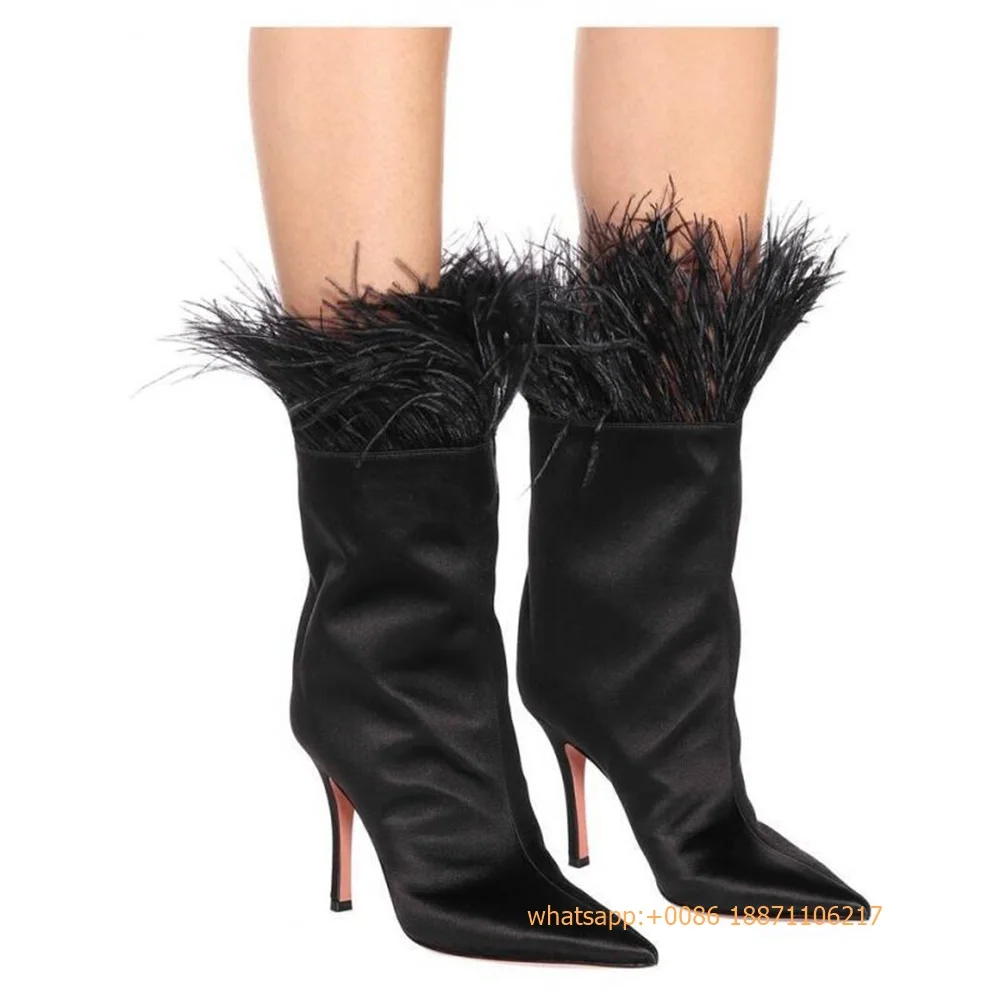 Women's Sexy Ostrich Feather Short Boots 2024 Autumn New Pointed Model Catwalk Street Stiletto Boots Casual Fashion Stage Boots