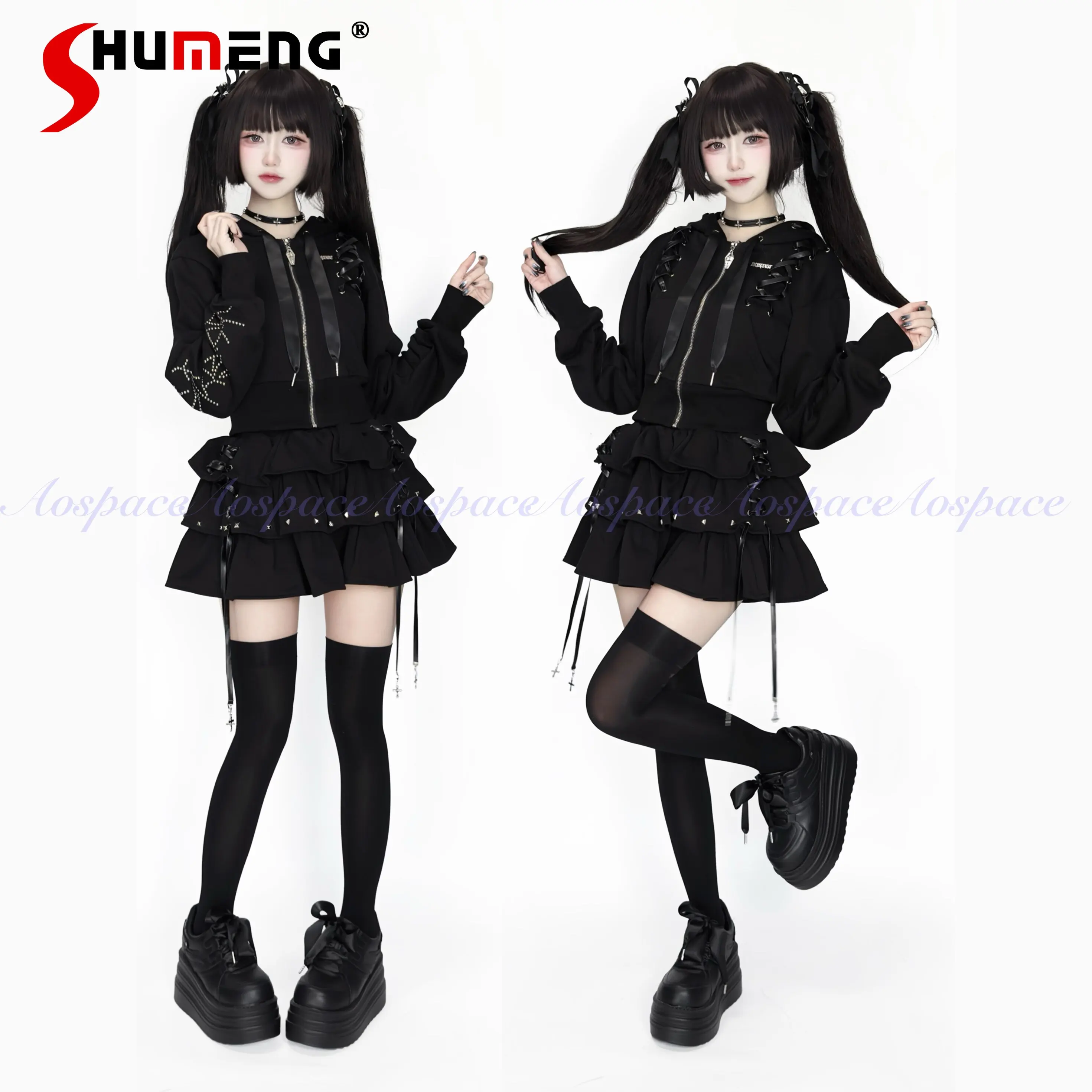 

Оригинальная темная готическая толстовка с капюшоном и юбка Subculture, комплект из 2 предметов, весенне-осенняя милая крутая модная одежда для студенток