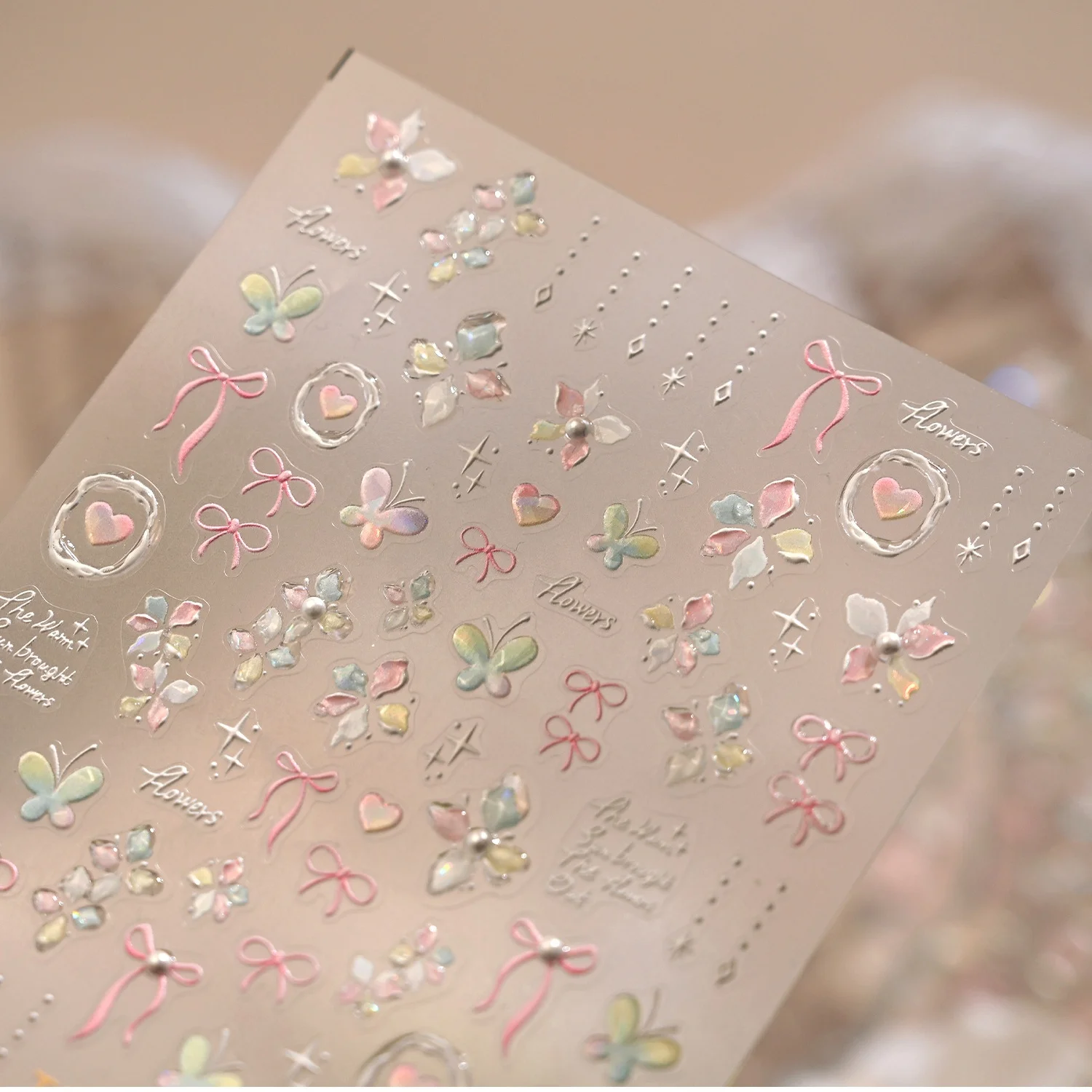 Sweet Lolita Y2K 5D Nail Art Stickers Butterfly Pink Bow Pearl Chain Star Tassel Love Frame Self Adhesive Decals for Women DIY