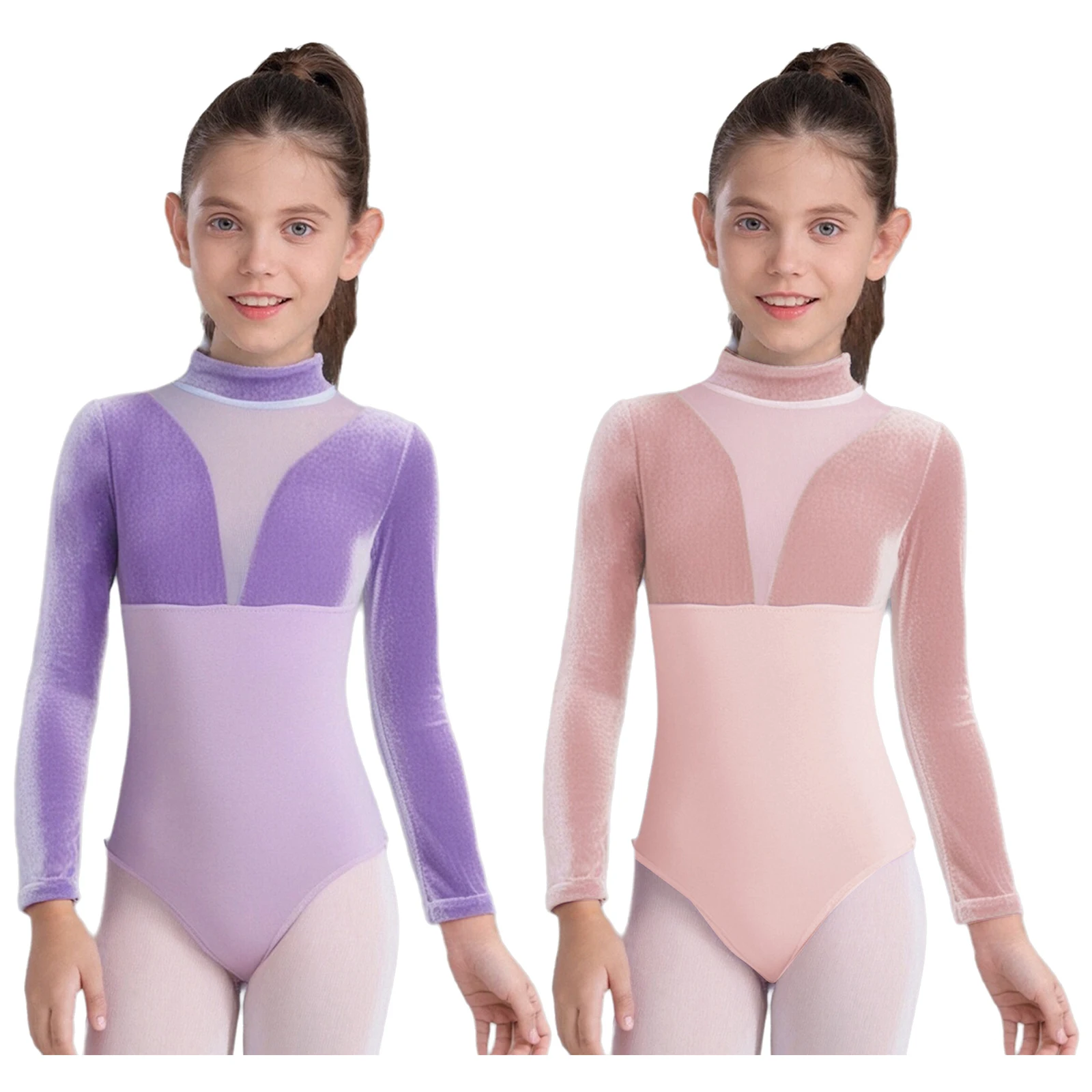 十代の女の子綿体操レオタードバレエダンスユニタード長袖ジッパーベルベットメッシュバレエダンスボディスーツパフォーマンスウェア