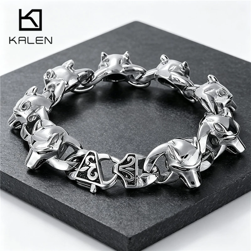 Kalen Vintage Wolf Head Bracelet for Men Stainless Steel Animal Link Chain Punk Biker Jewelry Accessories Holiday Gifts