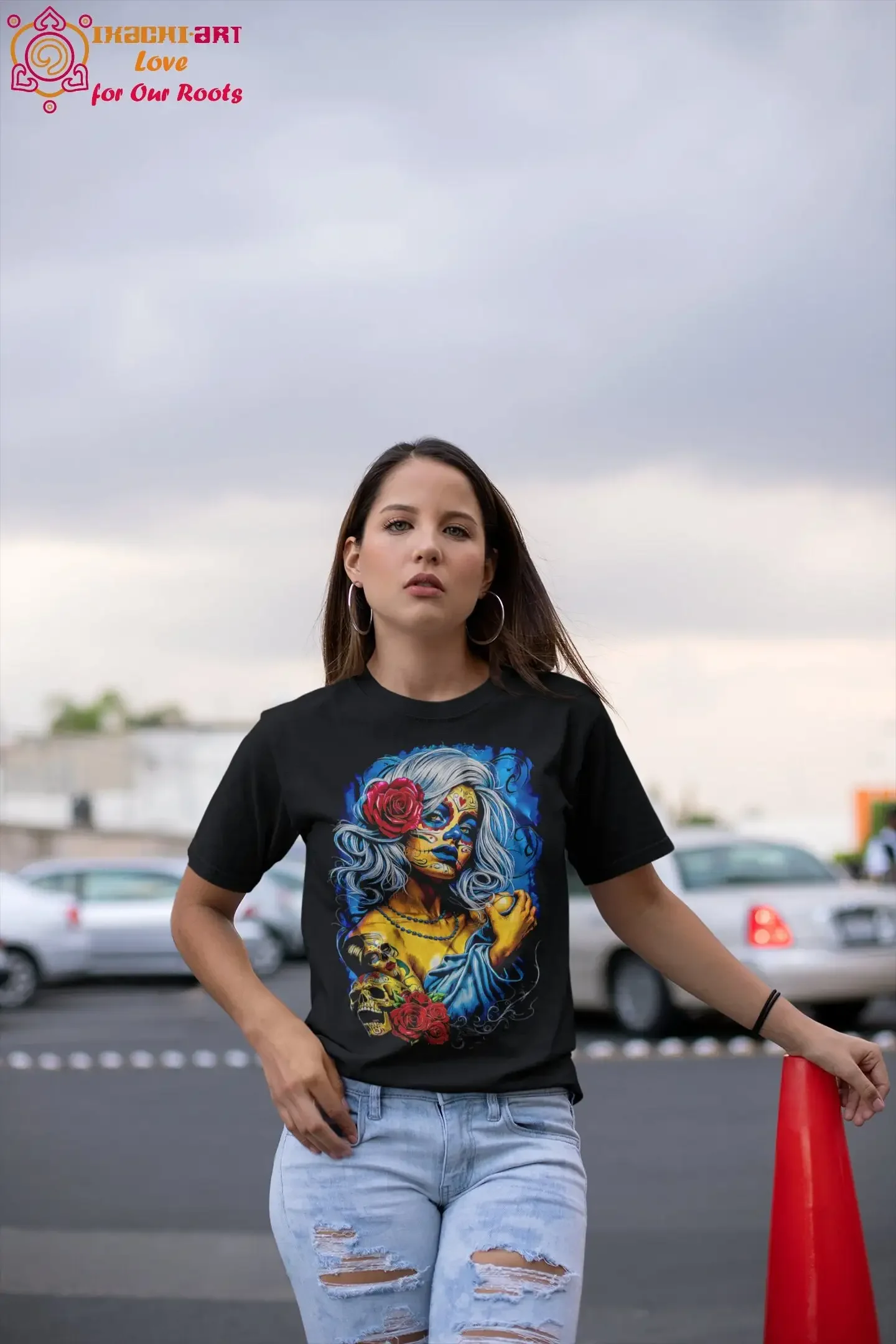 Camiseta La Catrina Día de Muertos con Diseño Artístico de Chica Mexicana para Mujer
