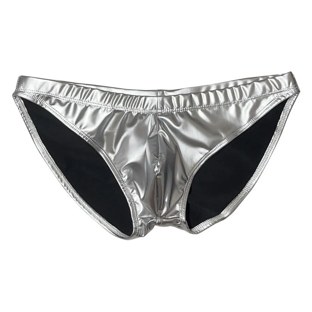 

Oil Glossy Swimming Briefs PU Lather Elastic Low-rise Buttocks-Lifting Slip Bikini Shirring Crotch Seam Underwear Bathing Shorts