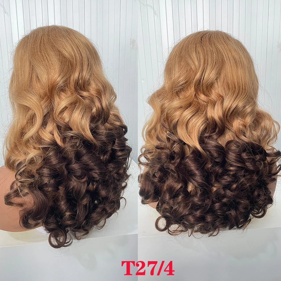 

12A Raw Indian Hair Hightlight Double Drawn Bouncy Wave 13X4 Lace Frontal Wigs 250 Density Ombre 2 Tones Blond Bouncy Curly Wigs