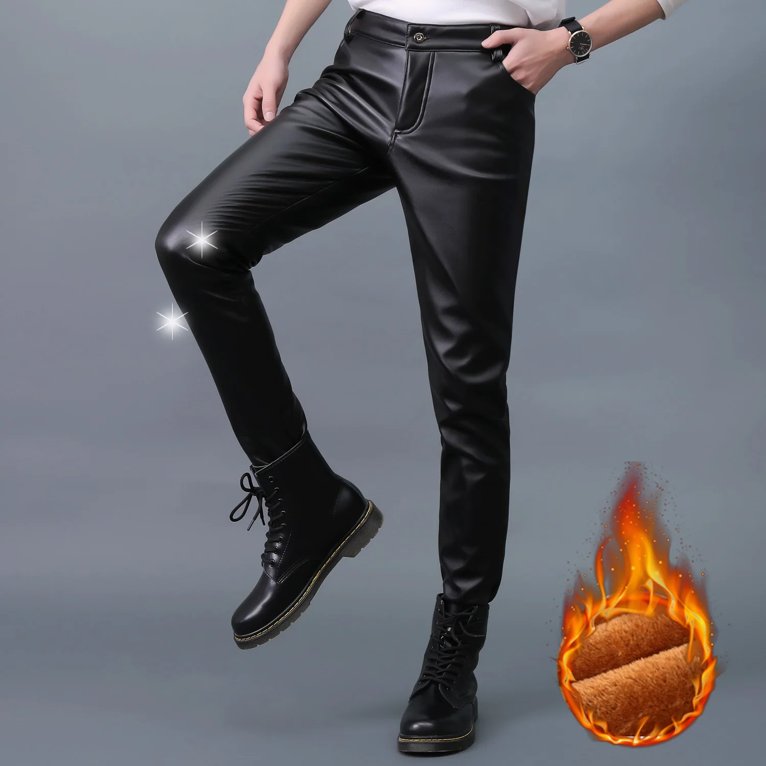 Spring and Autumn Slim Fit Leather Pants for Men Feet Tight Elastic Trend Motorcycle Mens Leather Pants Plush Long Pants