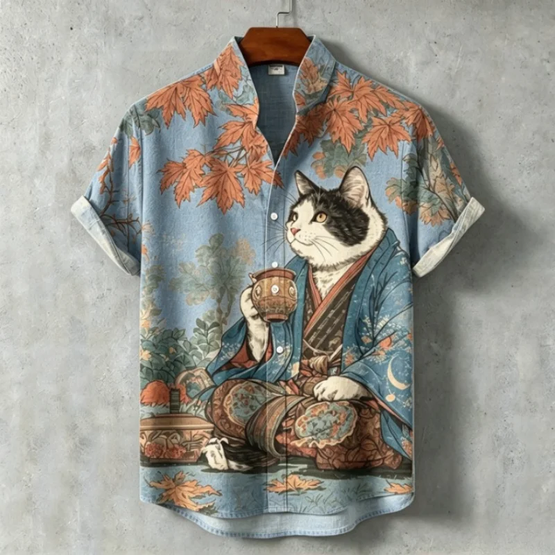 Men Japanese Style Ukiyo-E Cat Print Short Sleeve Shirt Vintage Maple Art Stand Collar Button Tunic Casual Summer Streetwear Top