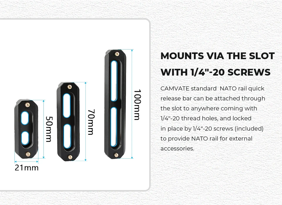 Barra de trilho NATO de segurança de liberação rápida para câmera HDRIG DSLR com parafusos de 1/4 ''para alça NATO EVF Attach