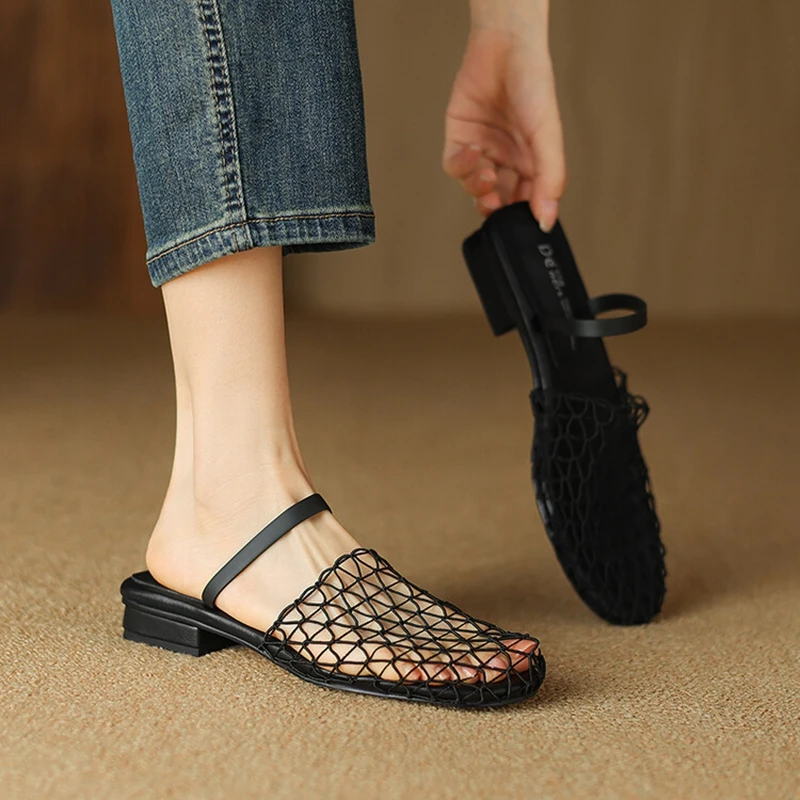 

NEW Summer Women Mules Air Mesh Shoes for Women Round Toe Low Heel Slippers Cover Toe Slingback Sandals Hollow Weave Black Shoes