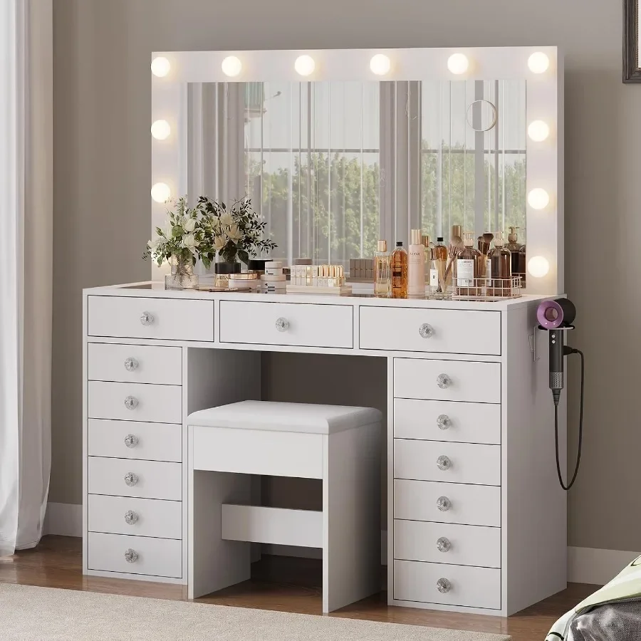 15 Drawers Makeup Vanity with Charging Station, Vanity Desk with 12 LED Bulbs and HD Mirror, 3 Color Brightness Adjustable, Van