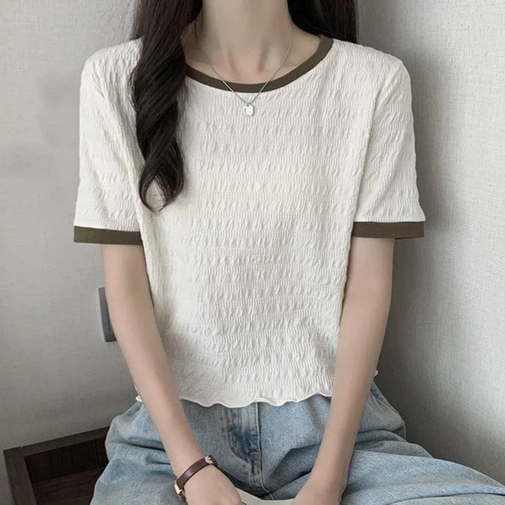 

Casual Outing Everyday Use S White Fashion Cropped Top Simple Style Casual T-shirt Ruffled T-shirt Solid Color