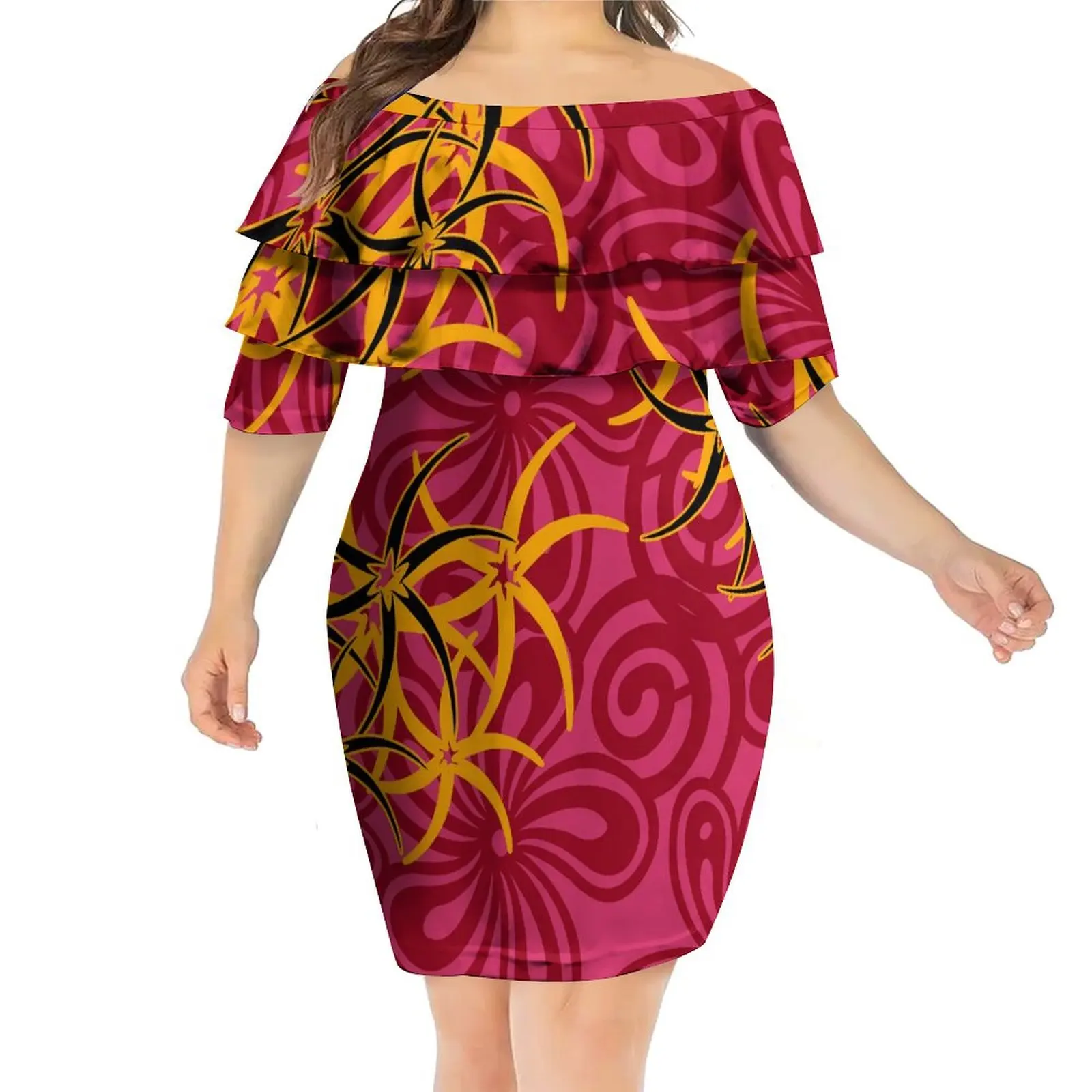 Wholesale Price Fashion Short Sleeve Close-fitting Off Shoulder Dress Polynesian Tribal soft Fabrics Formal Occasions Dress