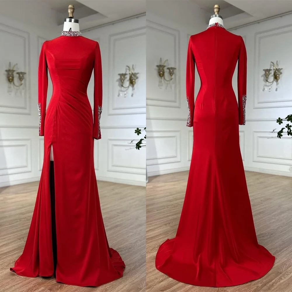 

Customized Exquisite Burgundy Jersey Evening Dress Classic High Neckline Long Sleeves Zipper Back Crystal Special Occasion Gowns