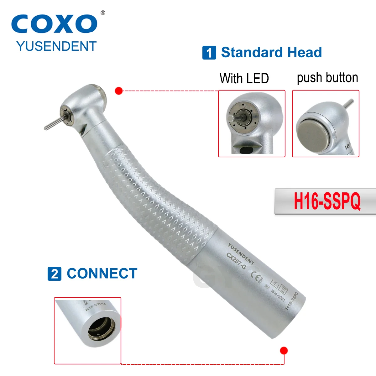 COXO High Speed Handpiece CX207-G-H16-STPQ/SSPQ Dental Turbine Fiber Optic High Speed Handpiece Fit SIRONA R/F Coupling 6 Pin