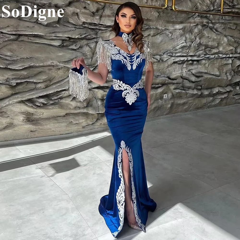 

SoDigne Elegant Royal Blue Velvet Evening Dresses Caftan Silver Lace Side Slit Mermaid Party Dress Morocco Prom Gowns Customized