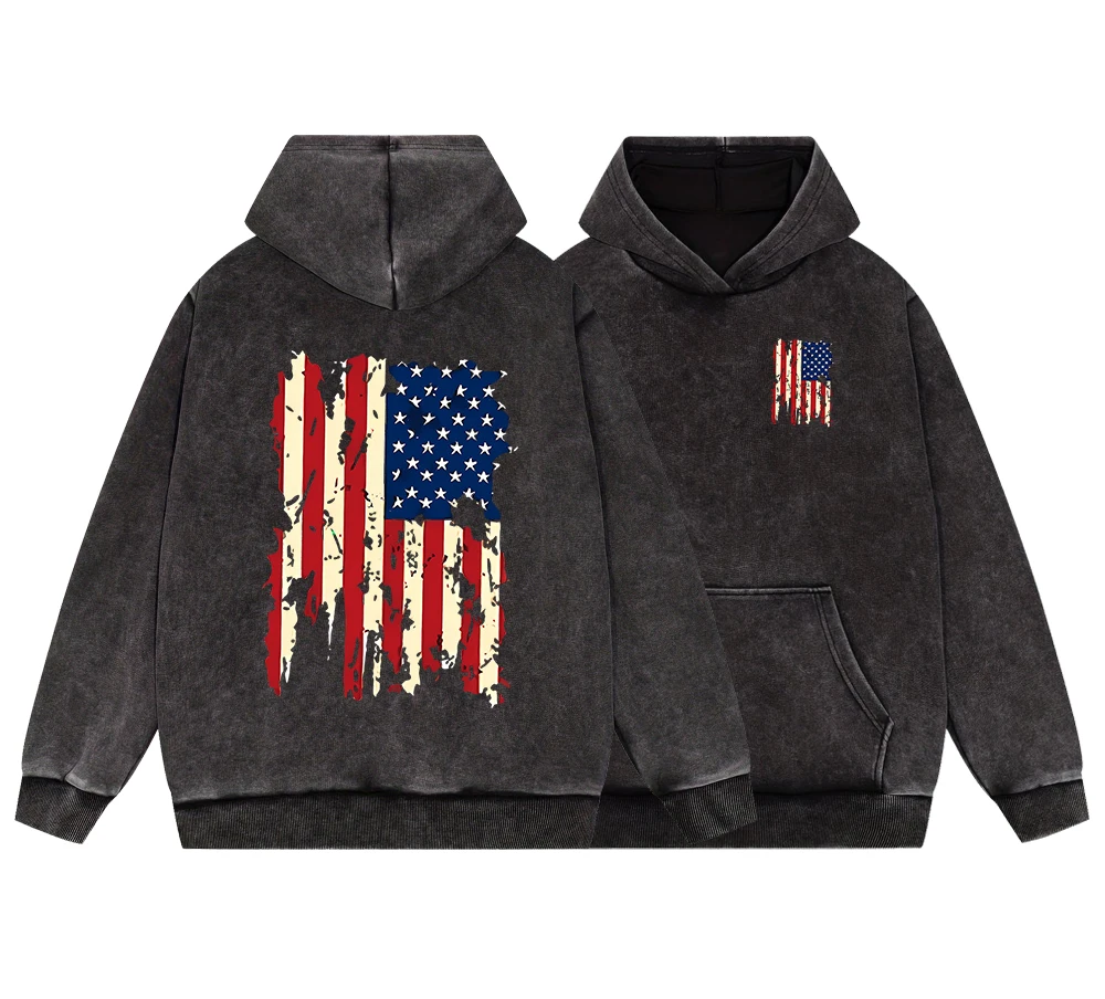 

The American Flag Is Forever Present Men Vintage Washed Cotton Sweatshirt Vintage Crewneck Pullover Autumn Oversize Hoodie