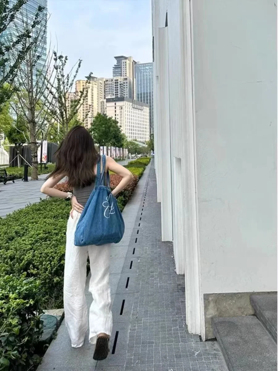 Pantaloni a gamba dritta in cotone e lino dalla vestibilità ampia Pantaloni casual estivi da donna di grandi dimensioni fino al pavimento con cintura in vita